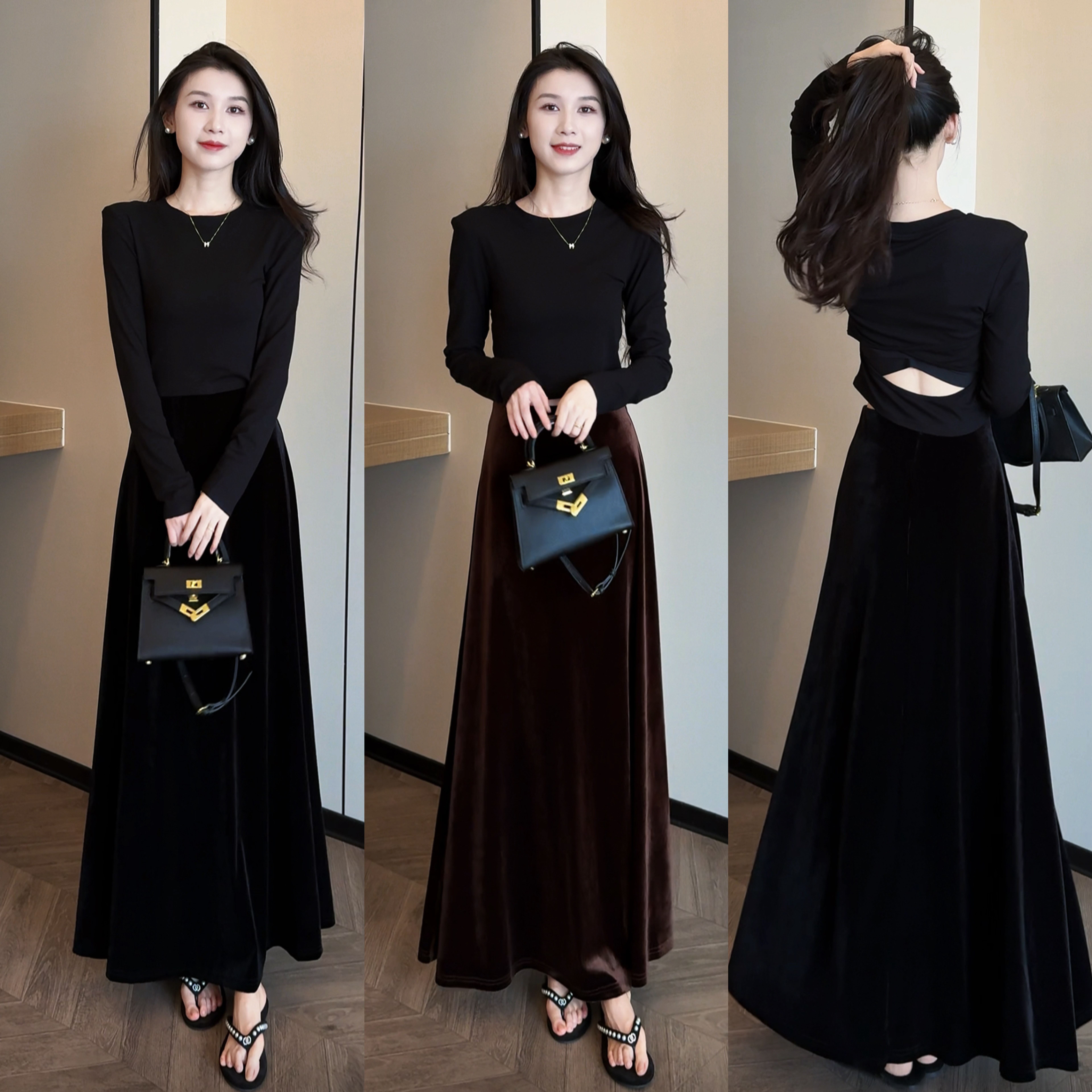 气质百搭显瘦高腰丝绒半身裙+百搭设计感显瘦不规则上衣套装