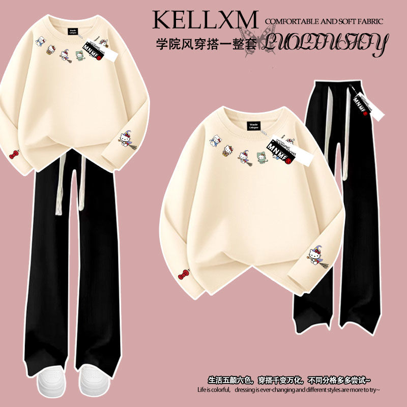 女童设计感时髦kitty印花秋季长袖t恤长裤套装中大童洋气两件套潮