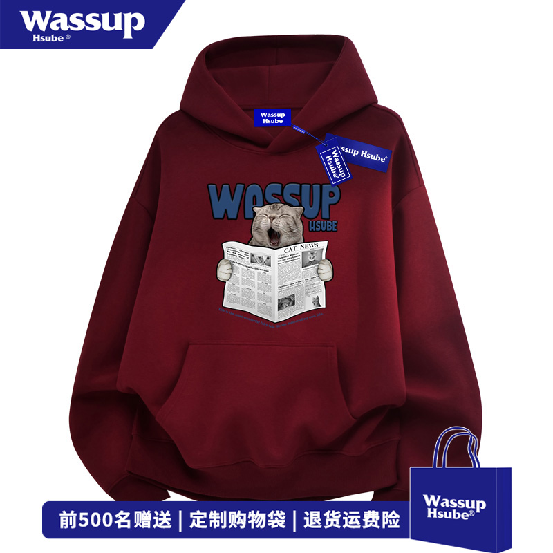 WASSUP HSUBE创意报纸猫咪印花连帽卫衣男女秋冬时尚酒红色上衣服
