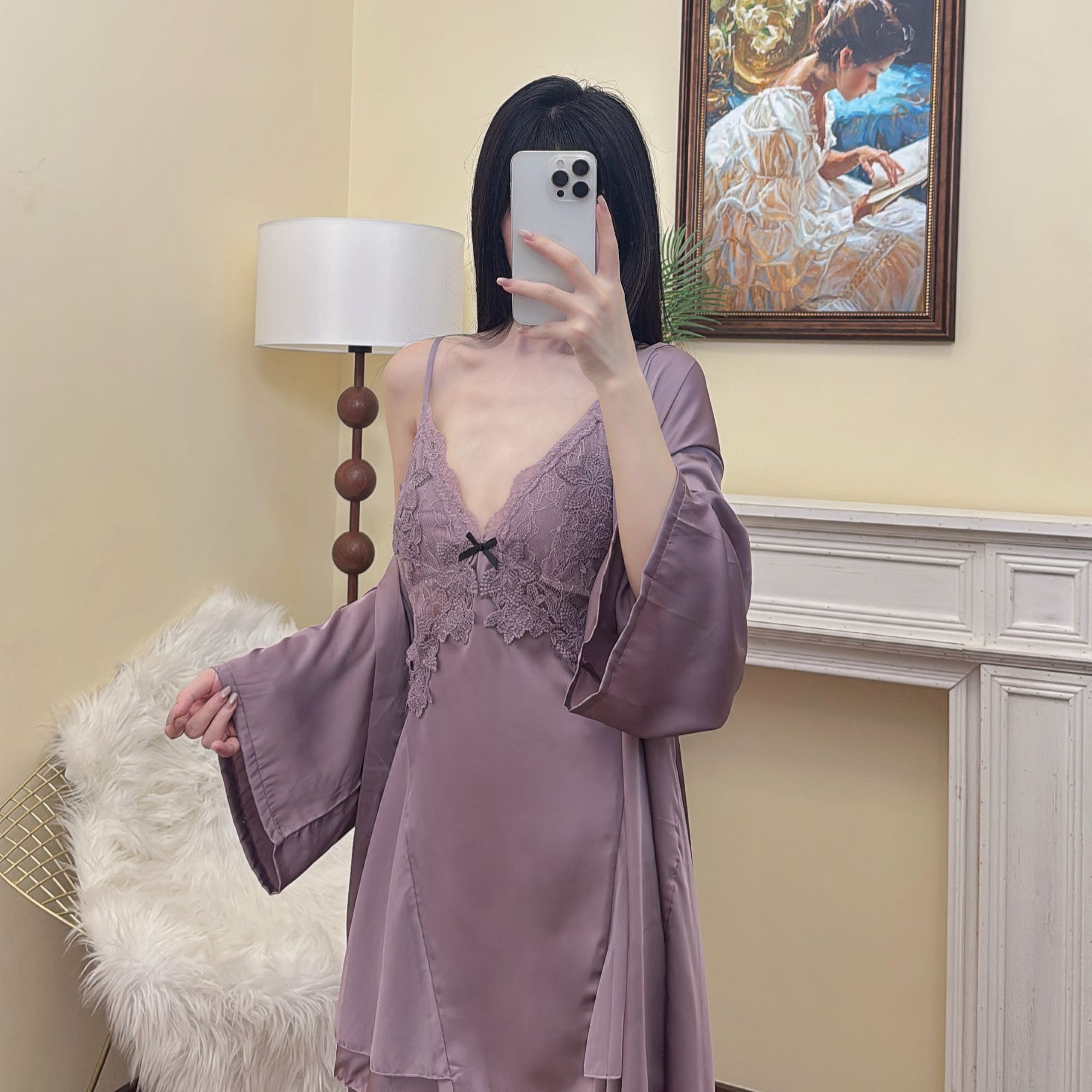 2025夏季新款刺绣冰丝蕾丝纯欲风吊带睡裙带胸垫睡袍家居服两件套