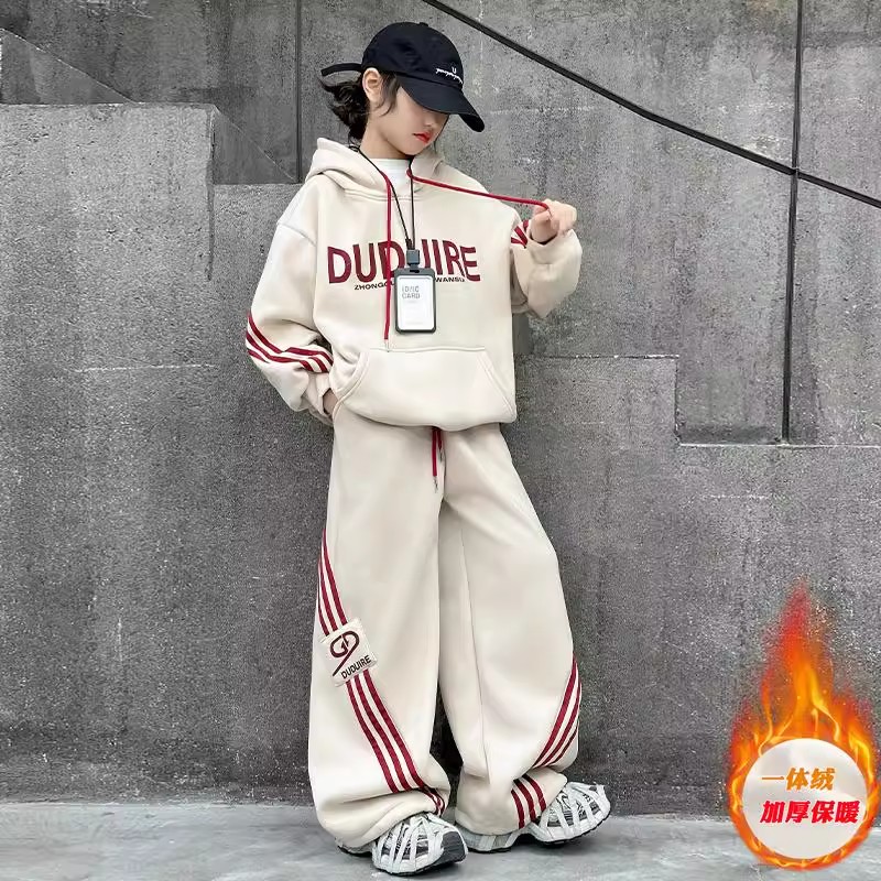 女童秋冬休闲套装2025新款加绒女大童连帽卫衣运动阔腿裤两件套潮