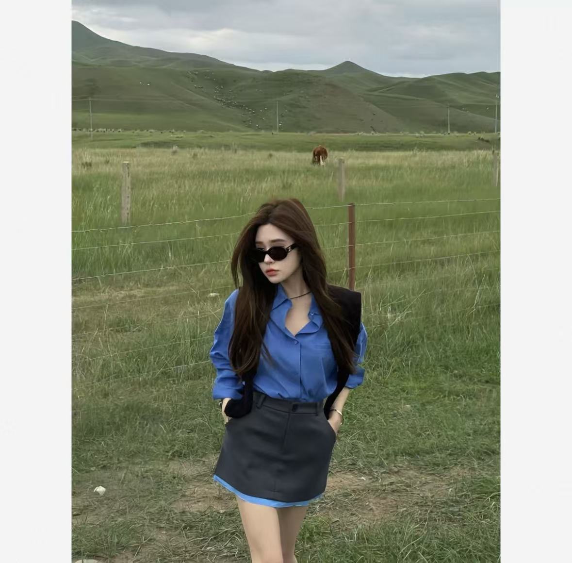 2025早秋新款时尚洋气韩系百搭通勤衬衣披肩高腰西装半裙三件套