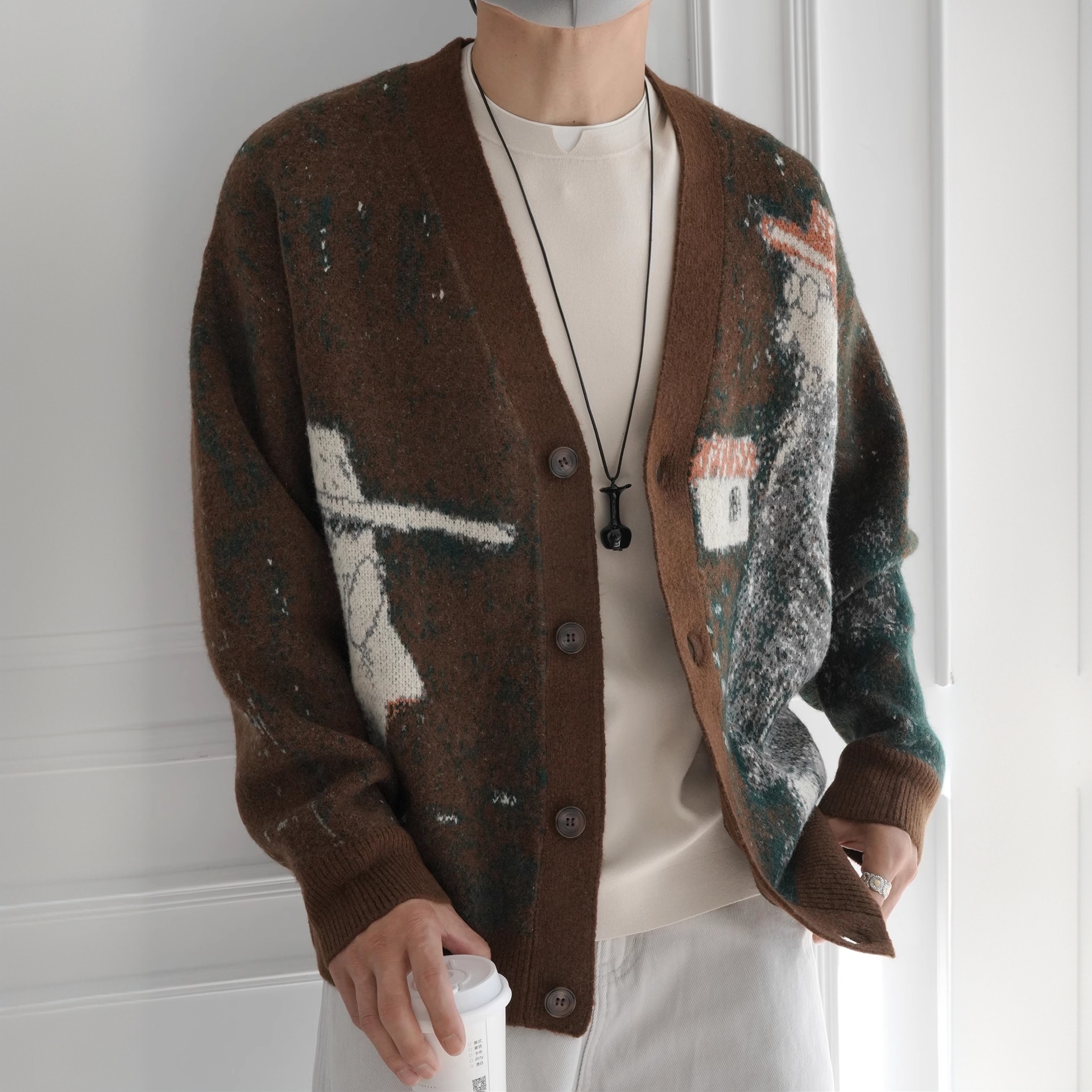 美式潮牌提花渐变大V领开衫毛衣男秋冬时尚情侣款慵懒风毛衣外套