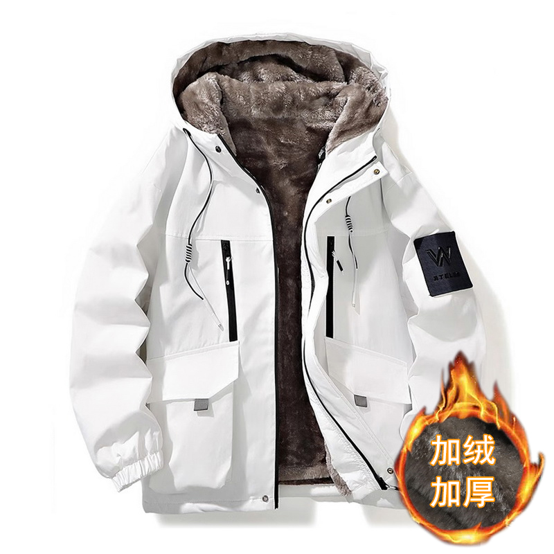 男装加厚冲锋衣潮牌加绒外套男生秋冬季新款宽松帅气连帽工装夹克