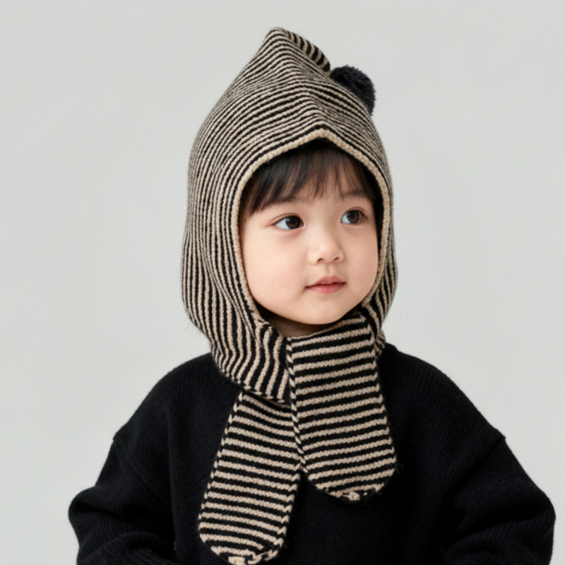 儿童帽子围巾一体秋冬季条纹百搭女童毛线帽宝宝针织帽男童护耳帽
