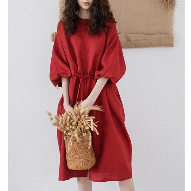 法式复古红色七分袖连衣裙女2025夏百搭宽松收腰显瘦全开襟衬衫裙