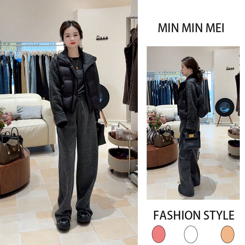 冬装时尚穿搭小个子宽松百搭加厚马甲+打底衫+加绒休闲裤三件套装