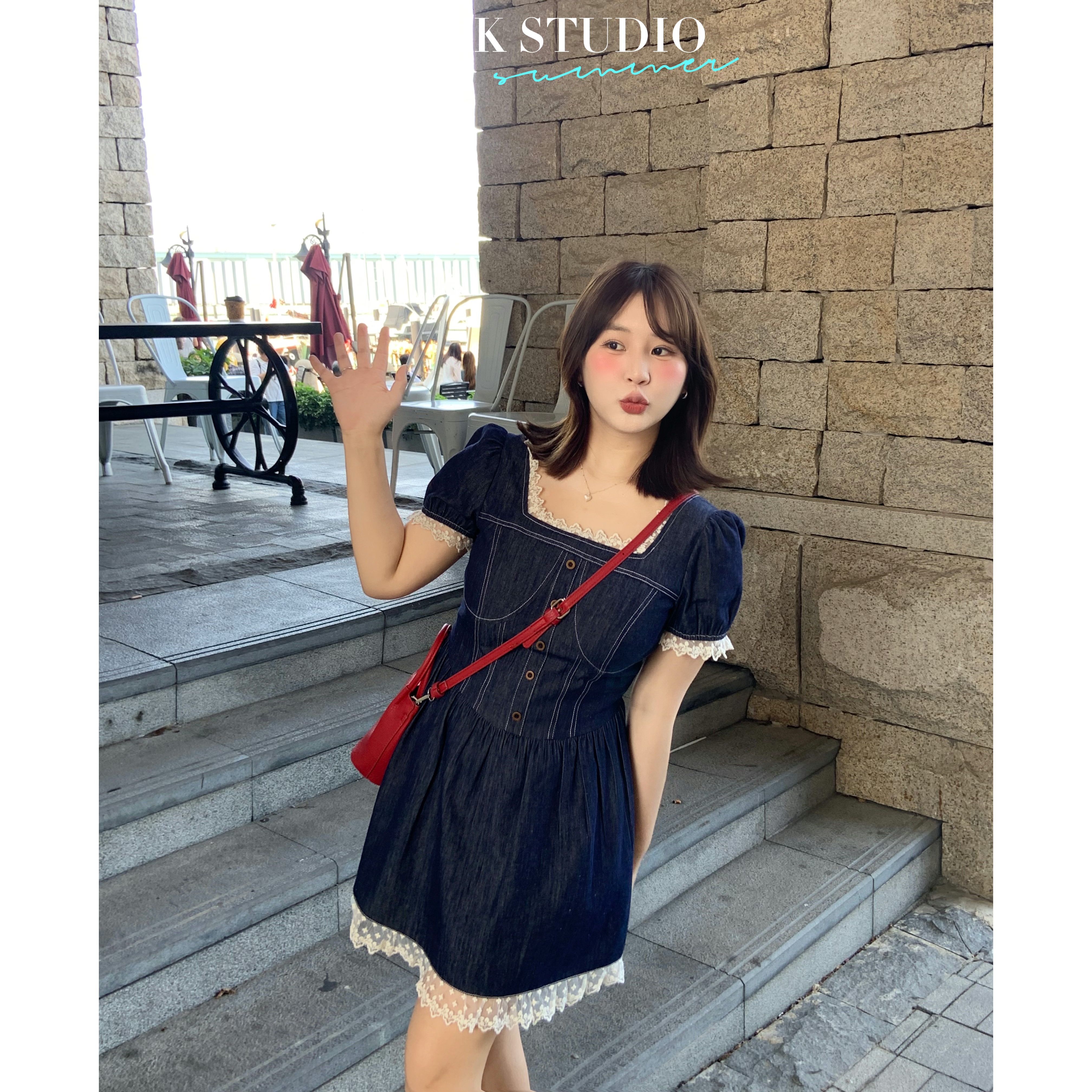 KMZY/KMZY山_山【莫兰高校】微胖mm学院少女方领压褶收腰牛仔连衣裙