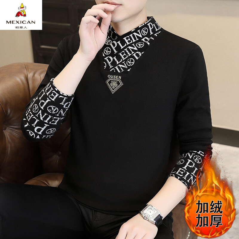 稻草人秋冬新款半高领双面德绒卫衣假两件长袖保暖衣修身加厚韩版