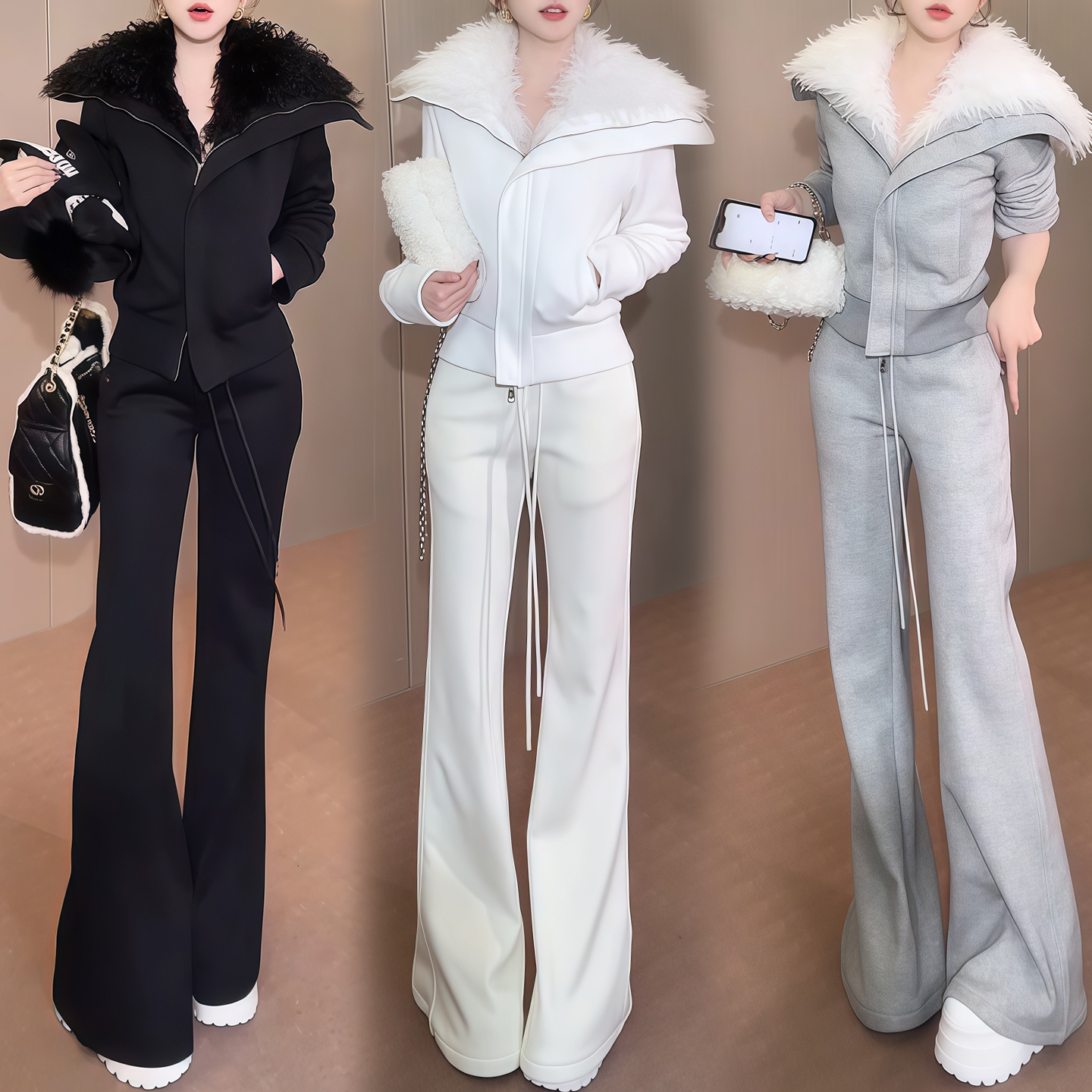 2025冬季新款加绒加厚毛毛大翻领拉链外套女高腰阔腿裤休闲套装