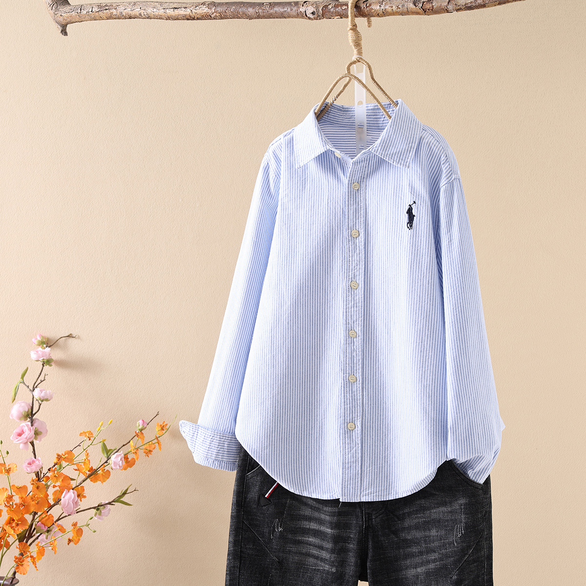 韩系小清新简约长袖条纹衬衫女秋季新款小马刺绣叠穿衬衣气质上衣