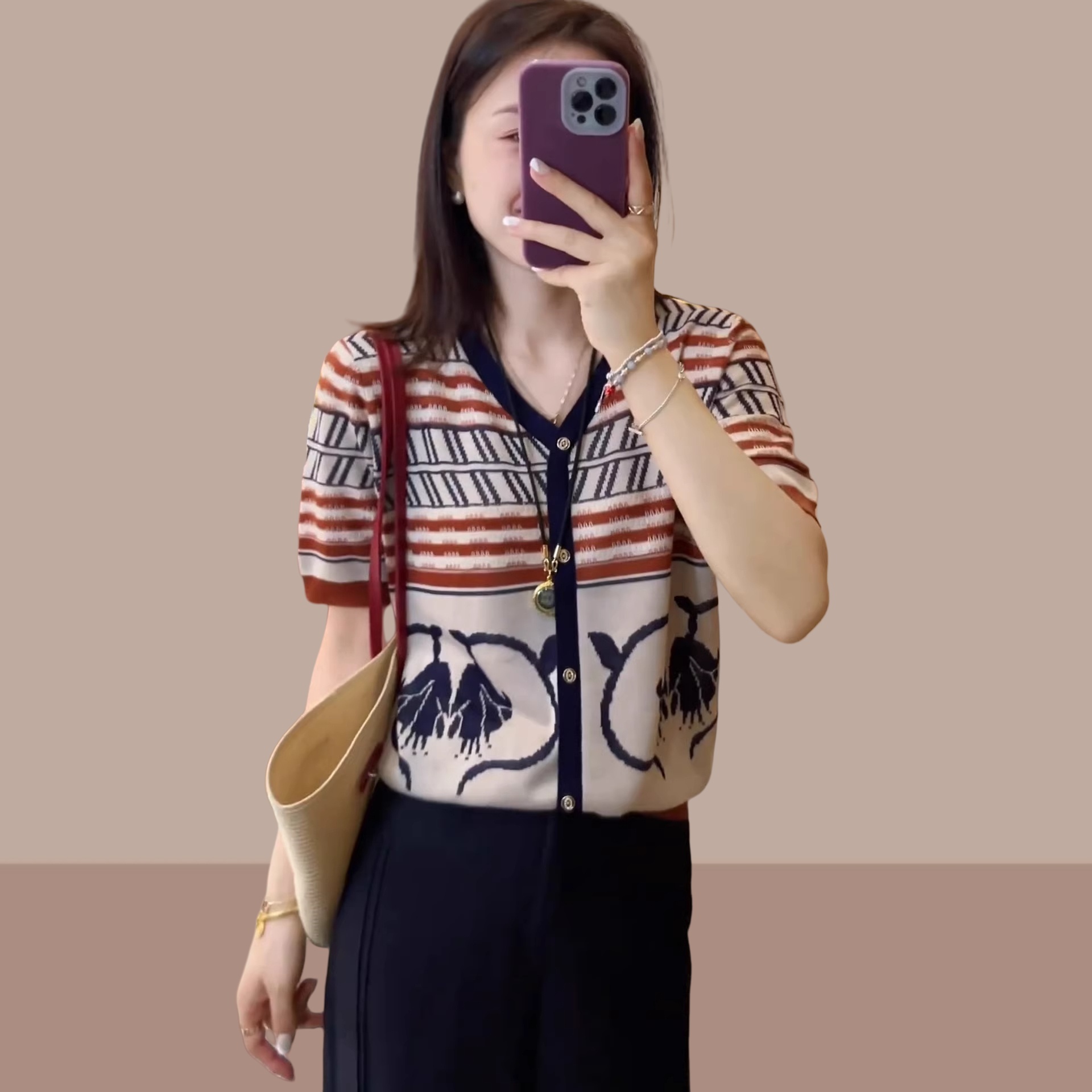 复古提花薄款短袖t恤针织开衫女夏季新款小香风气质显瘦百搭上衣