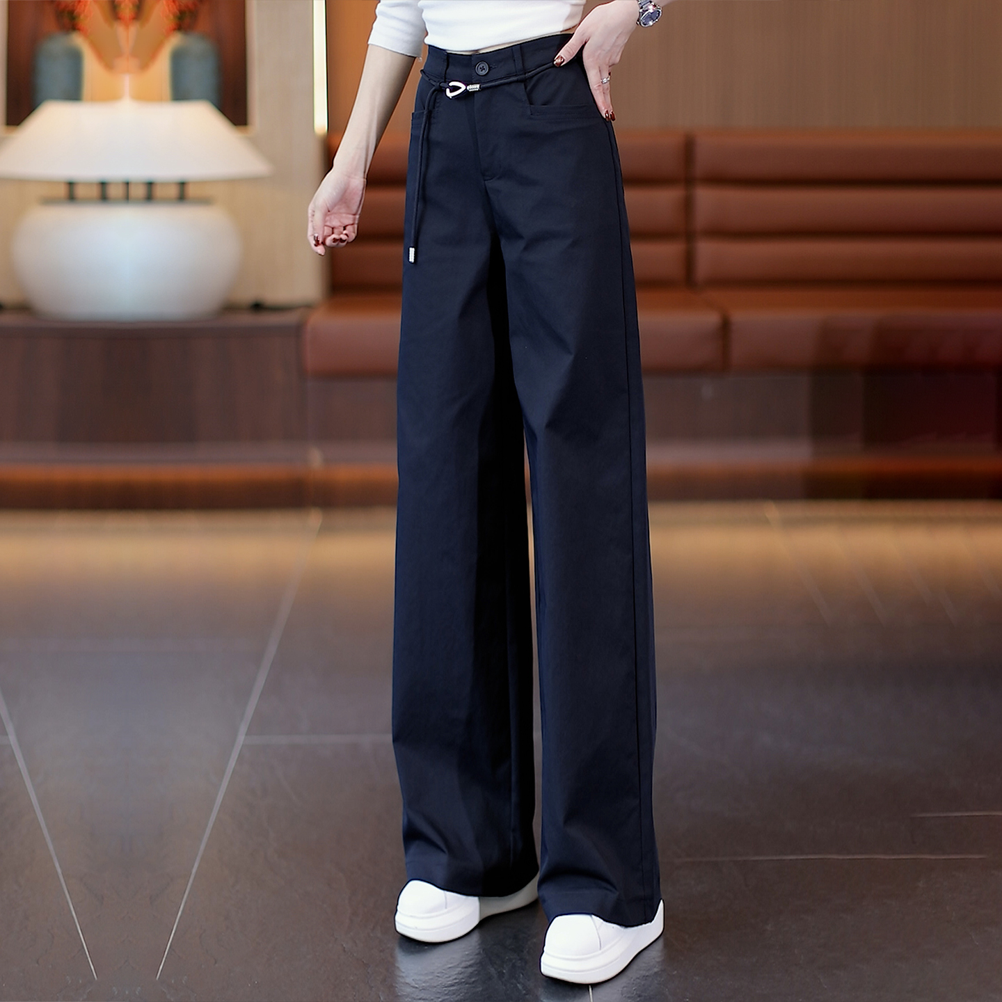 拉夏贝尔窄版阔腿裤女2025新款秋季百搭显瘦西装休闲宽松直筒裤子