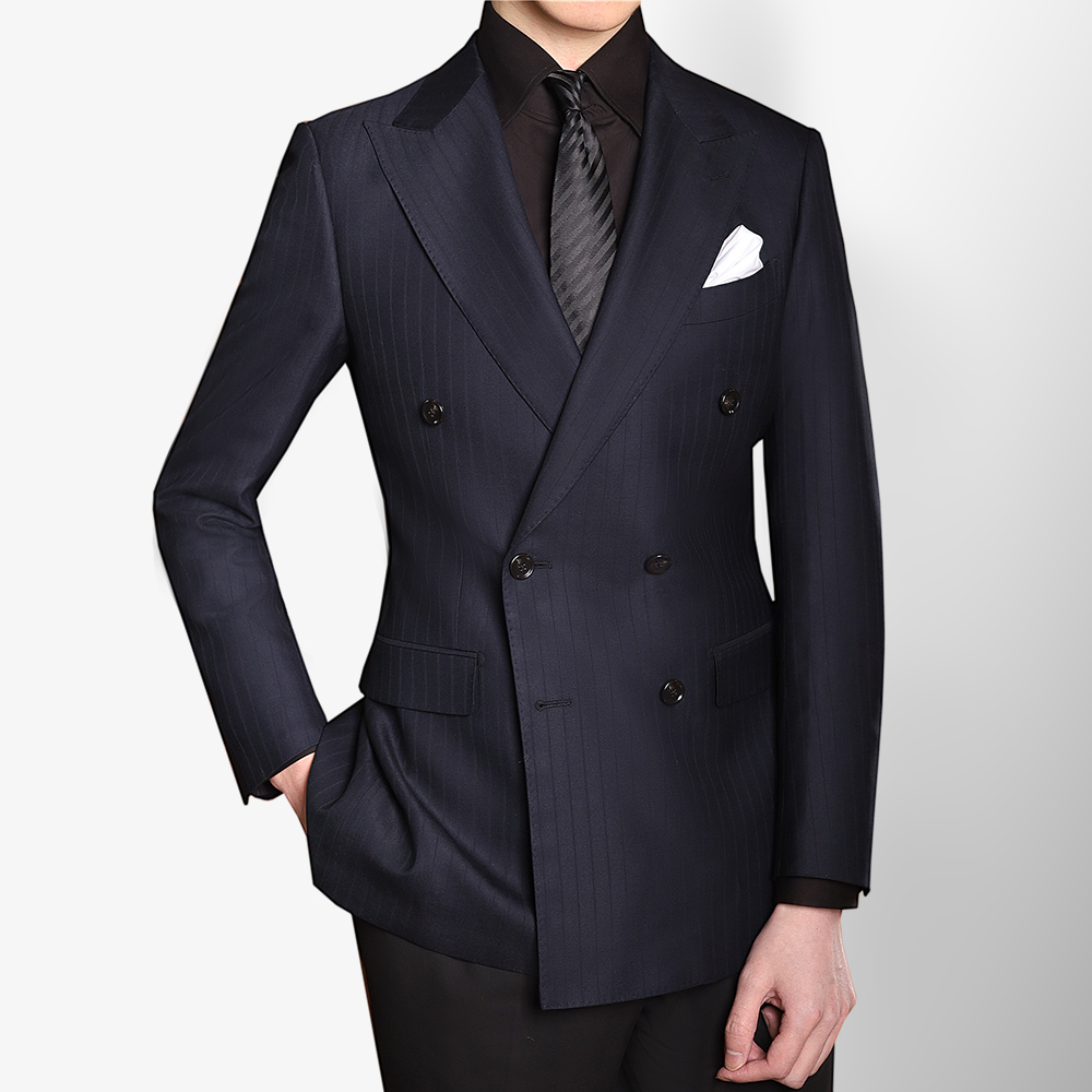 【澳洲质感羊毛套装】新款黑青暗条纹男士双排扣西装套装西服正装