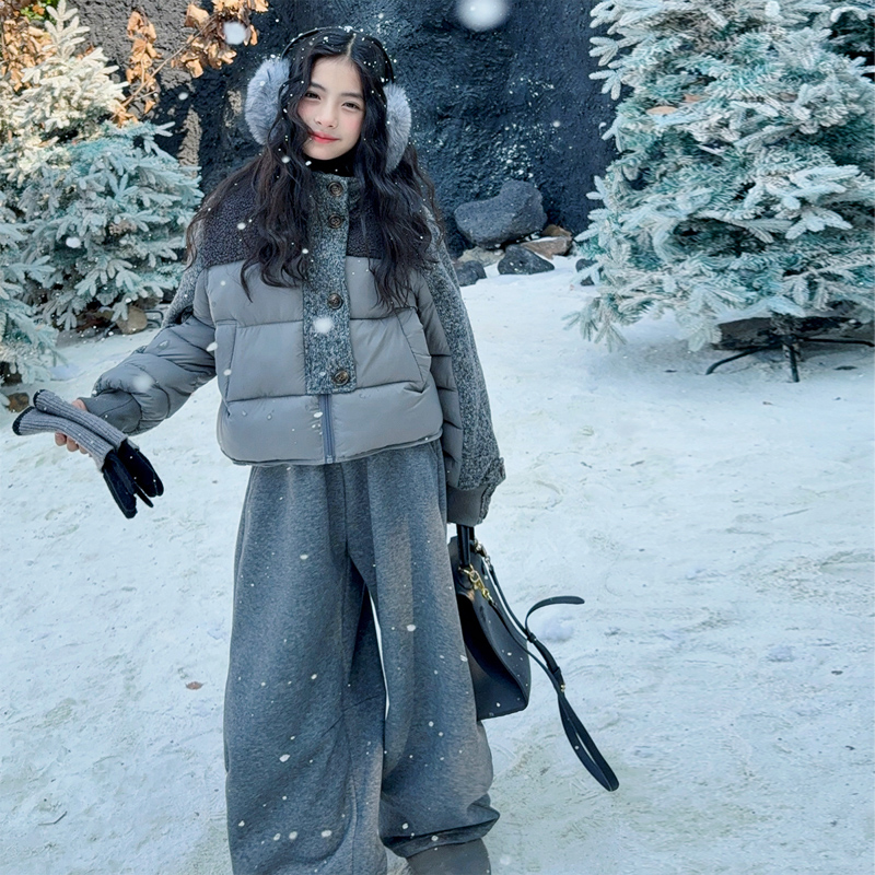 女童羊羔毛拼接棉衣冬季套装2025新款中大童韩系面包服加绒弯刀裤