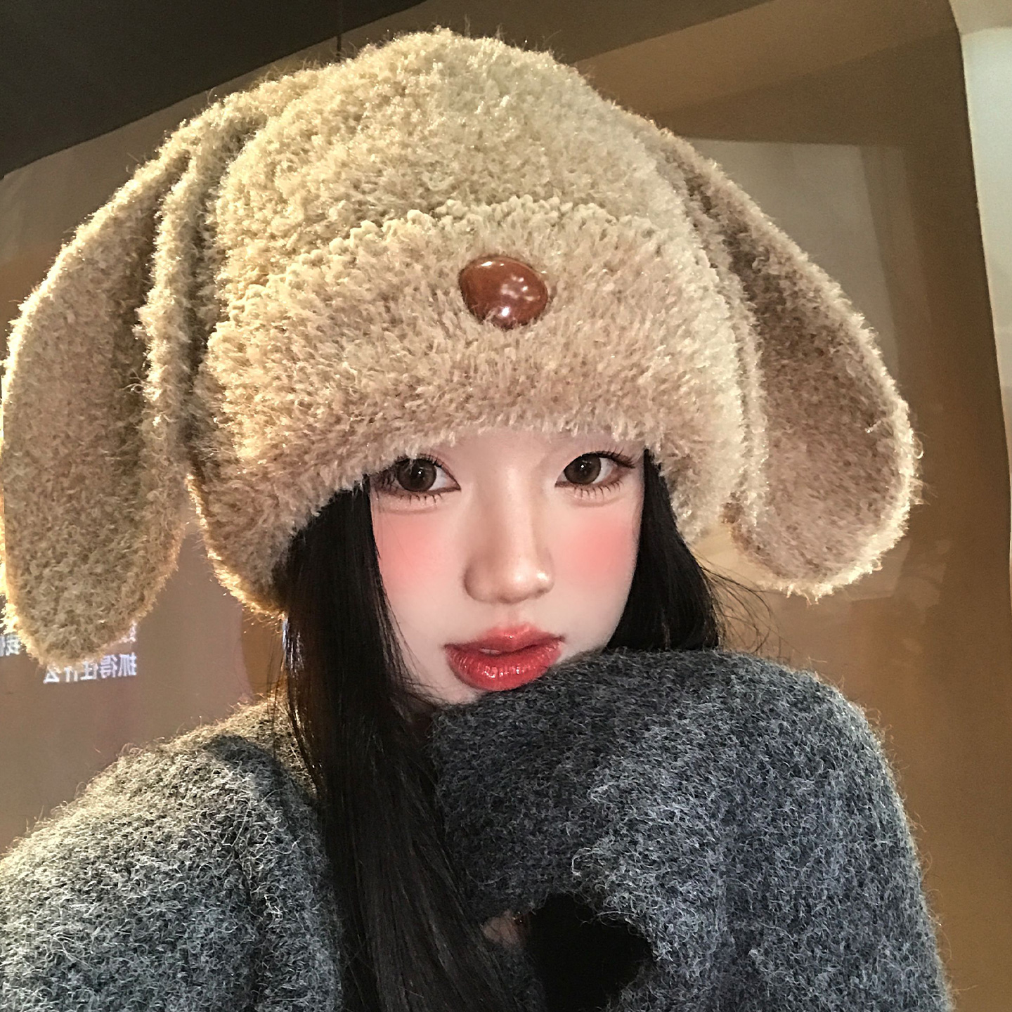 长耳朵小狗毛绒针织帽子女生冬季可爱保暖护耳帽加厚显脸小毛线帽