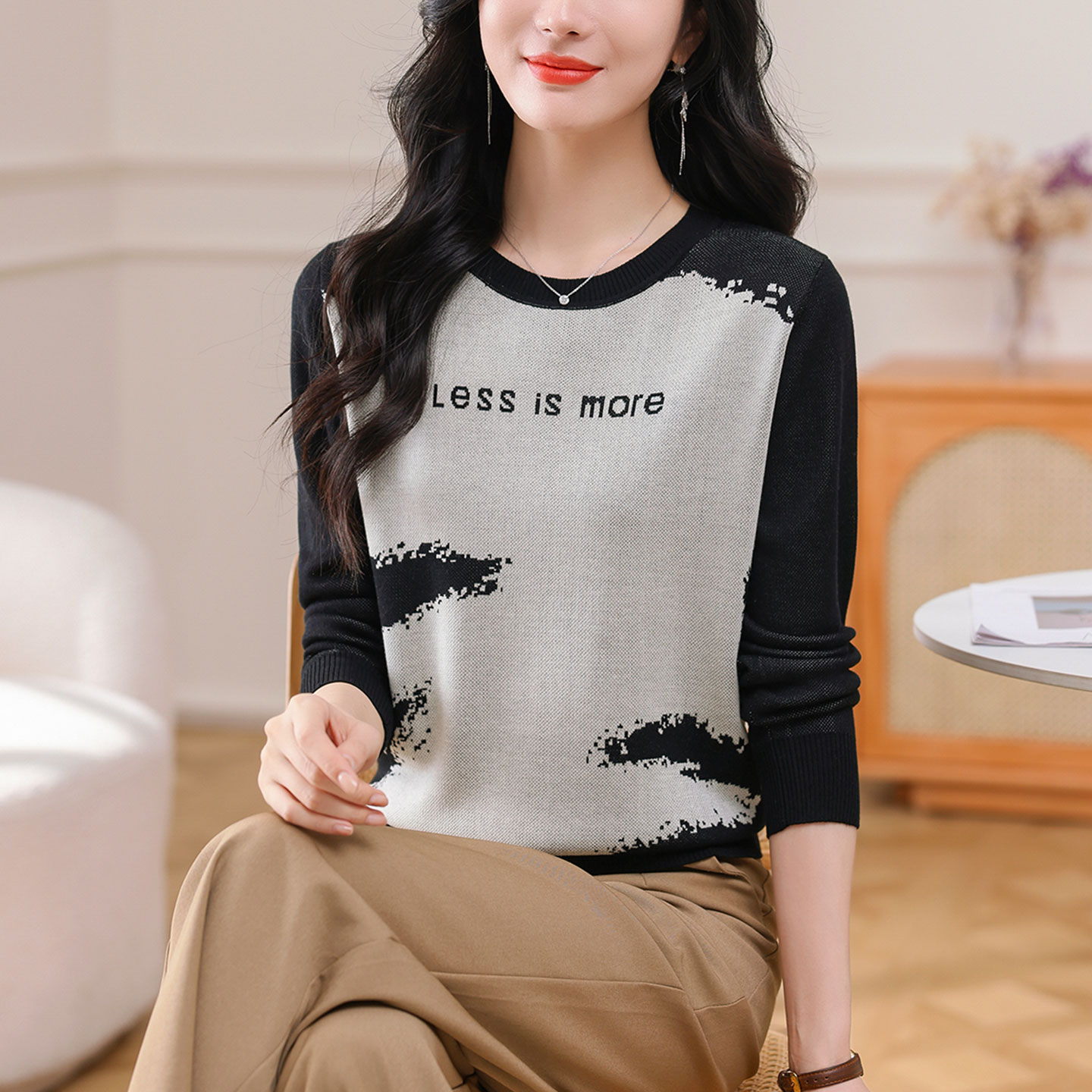 秋季新款圆领拼色羊毛衫女士毛衣宽松短款气质百搭显瘦针织打底衫