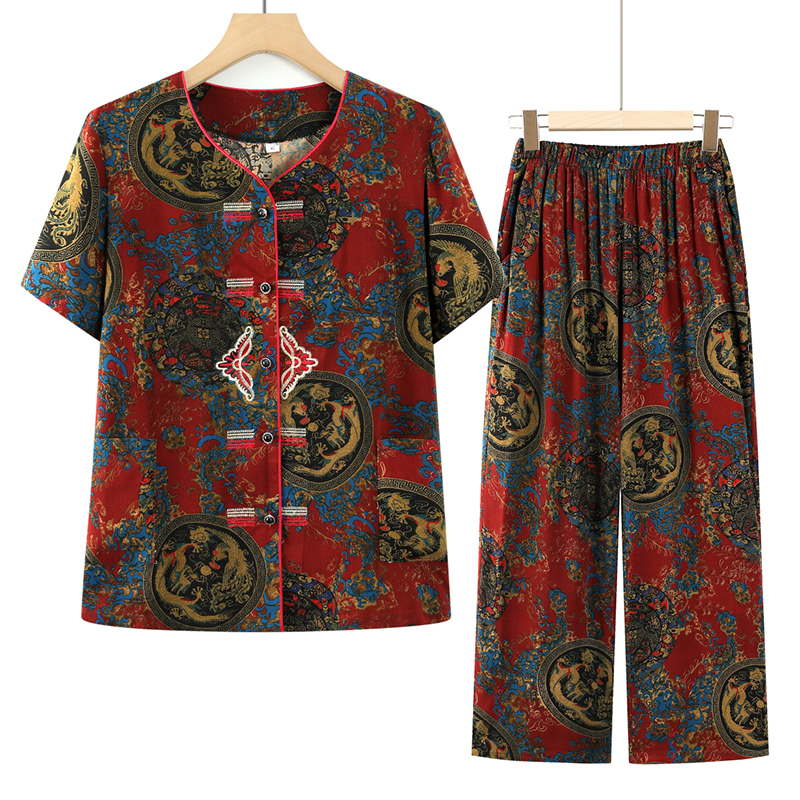 中老年女装夏天棉绸套装大码妈妈装短袖绣花上衣奶奶装薄款两件套