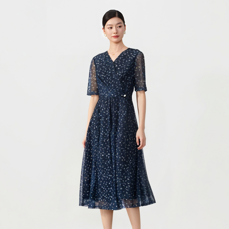 敦奴dunnu8U250933碎花显瘦气质蓝色时尚夏季长款印花连衣裙裙子