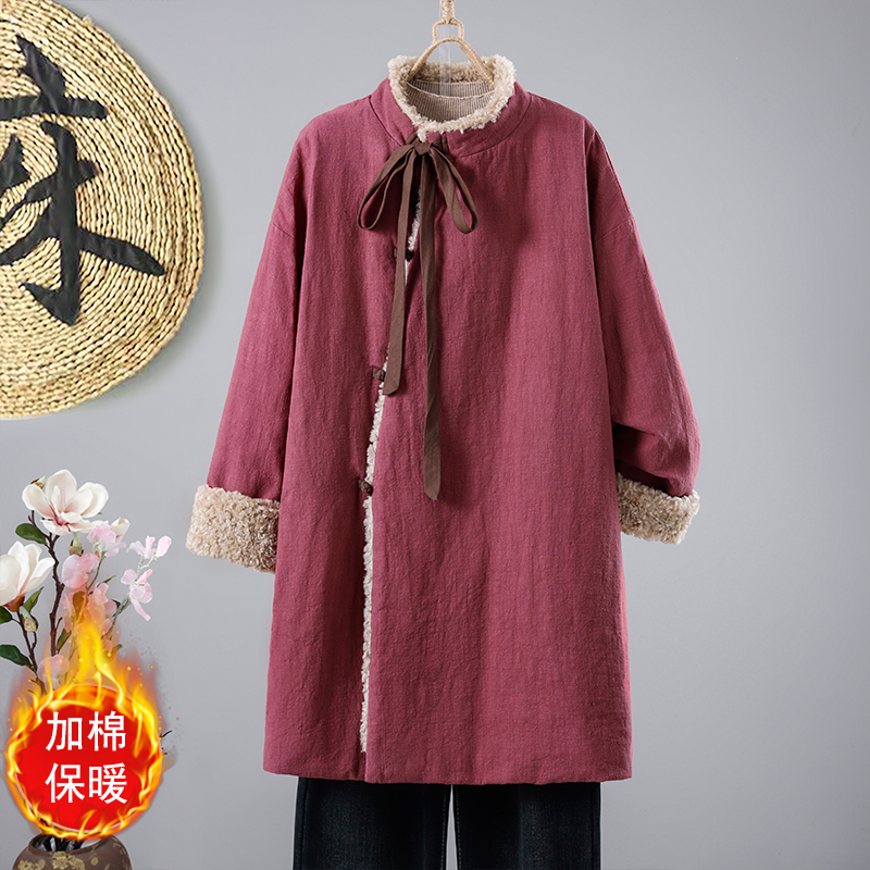 设计款亚麻礼物加厚棉服女2025冬新款复古国风气质时尚显廋中长款