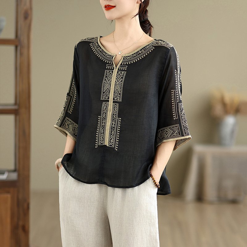 妈妈装纯色夏季刺绣棉不起球套头衬衫大码时尚复古小衫