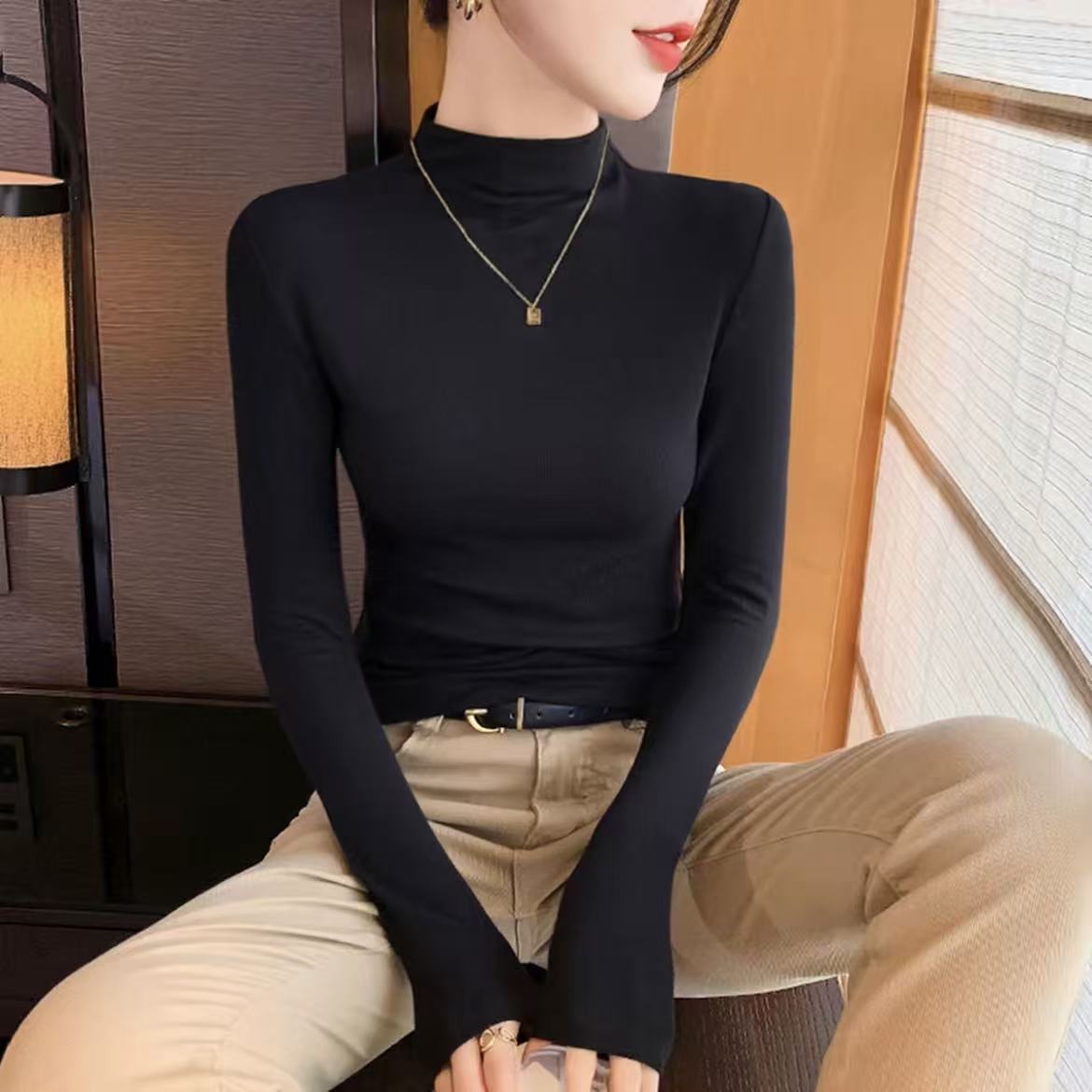 半高领螺纹长袖t恤女2025早秋百搭打底衫女修身显瘦内搭韩版上衣