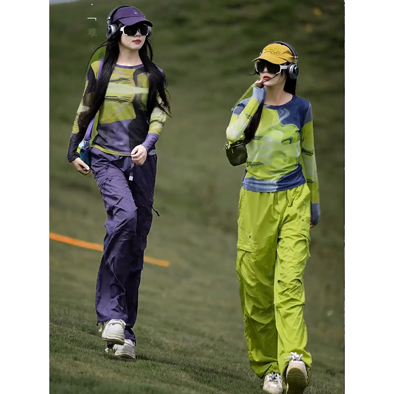 扎染印花抽褶长袖薄T恤女初秋新款时尚百搭防晒网纱罩衫打底上衣