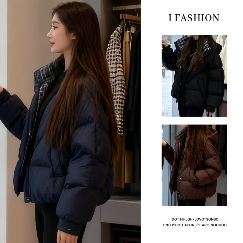 加棉加厚韩版百搭洋气棉服女2025年冬季新款休闲格子保暖连帽外套