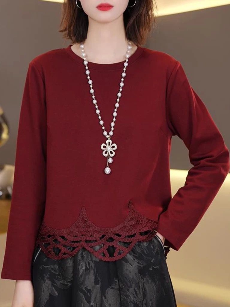 9033#早秋新款设计感蕾丝拼接长袖T恤女气质简约圆领百搭显瘦上衣