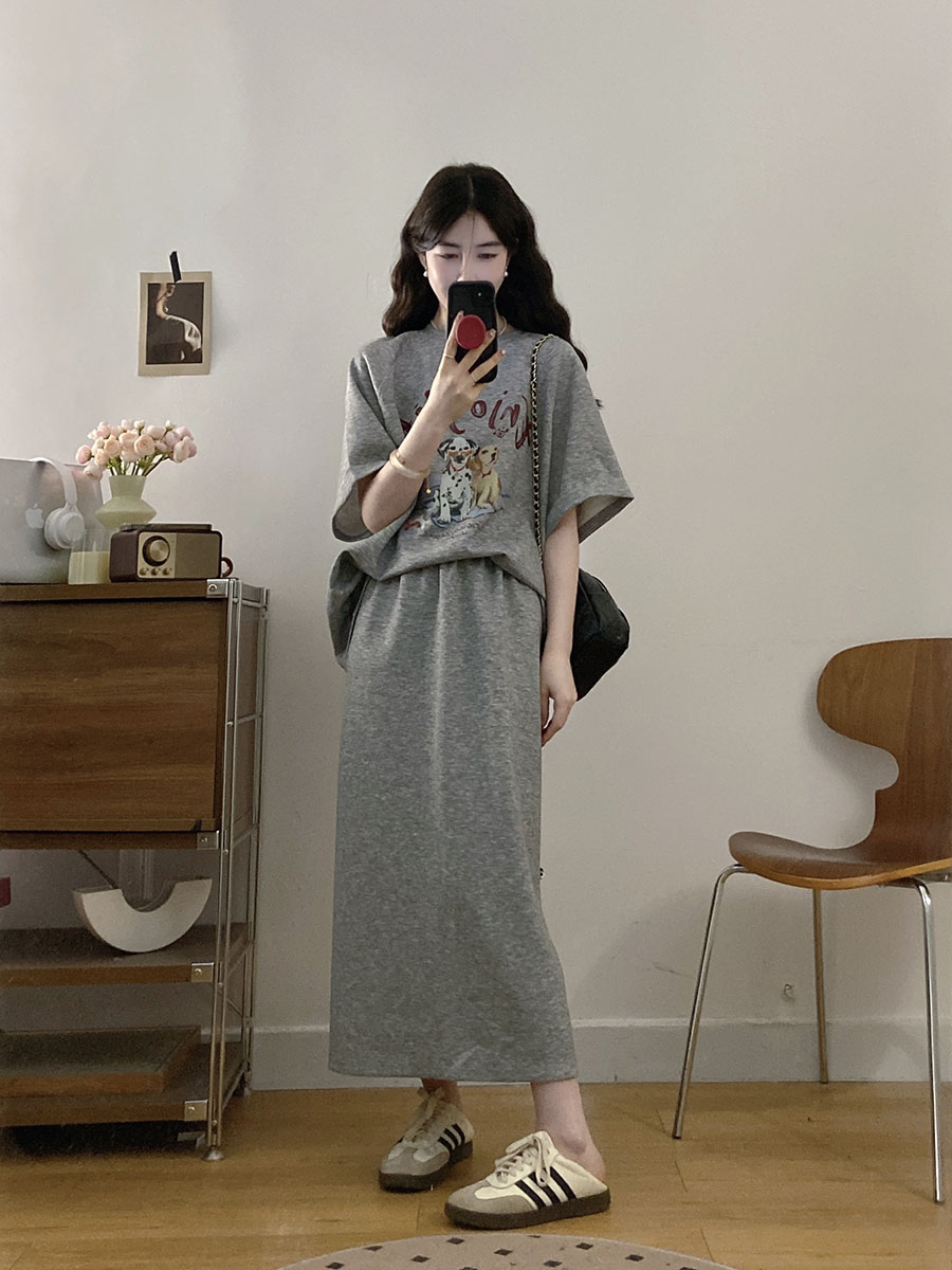 大码女装夏季时尚小狗印花宽松显瘦短袖T恤高腰半身裙两件套女