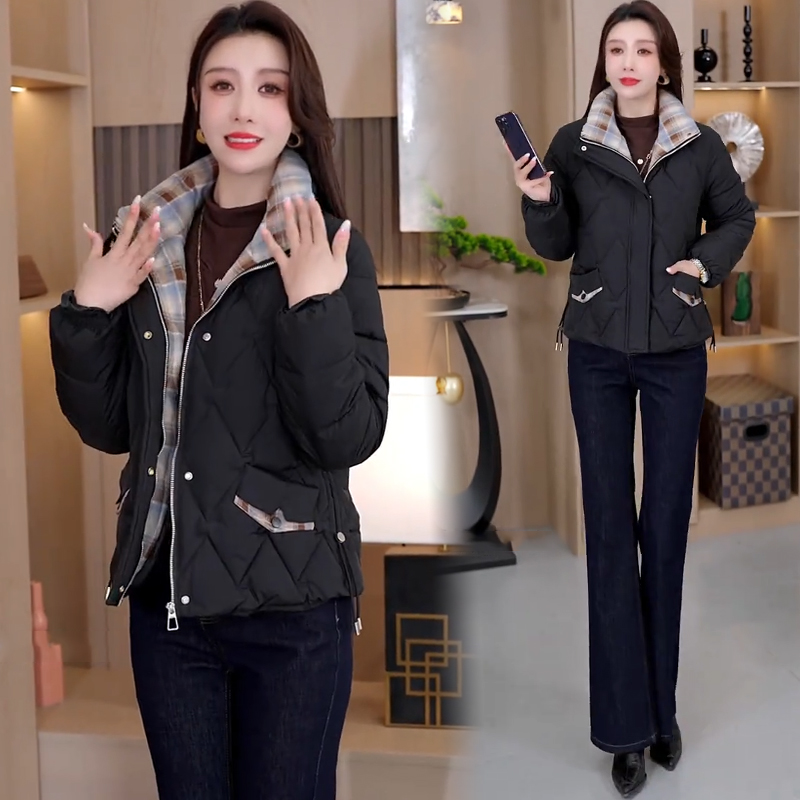 时尚格子拼接短款棉服女2025冬季新款立领显瘦保暖百搭棉衣外套