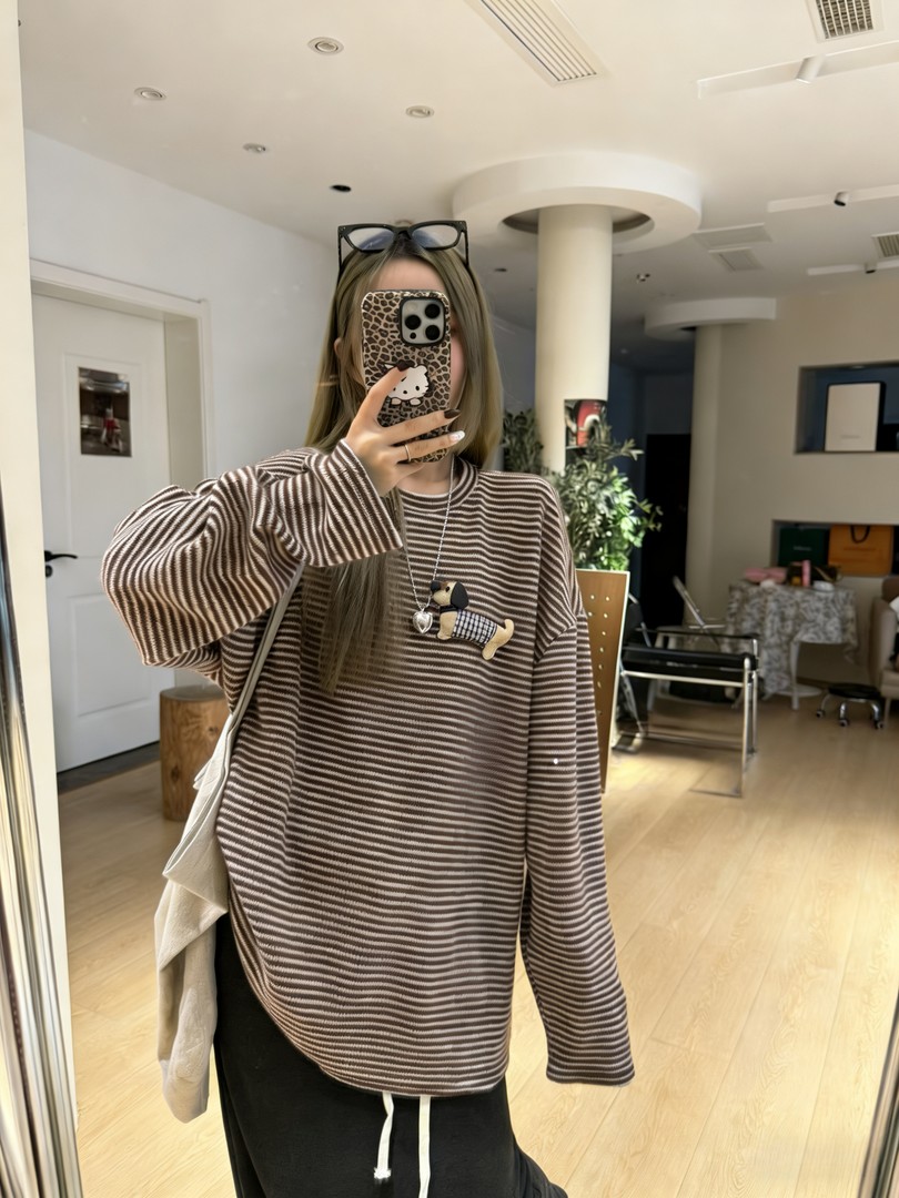 【条纹腊肠狗】慵懒风毛绒加厚长袖T恤女秋冬款设计感宽松内搭上衣