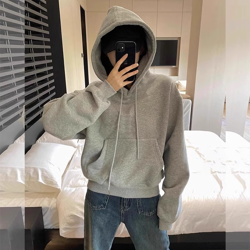 短款连帽灰色卫衣女春秋新款纯色小个子套头宽松显瘦小众长袖上衣
