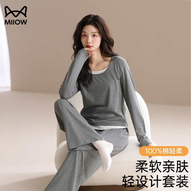 猫人睡衣女夏款纯棉2025可外穿圆领简约纯色春秋季休闲家居服套装
