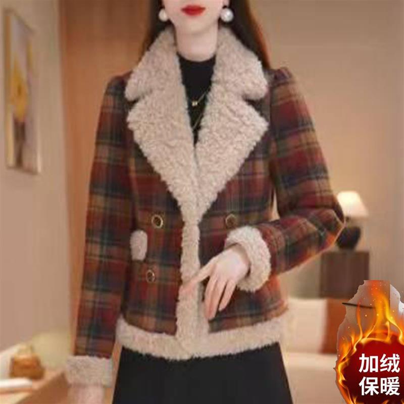 气质中年女装冬季短款格子加绒外套X时尚通勤小个子妈妈翻领开衫