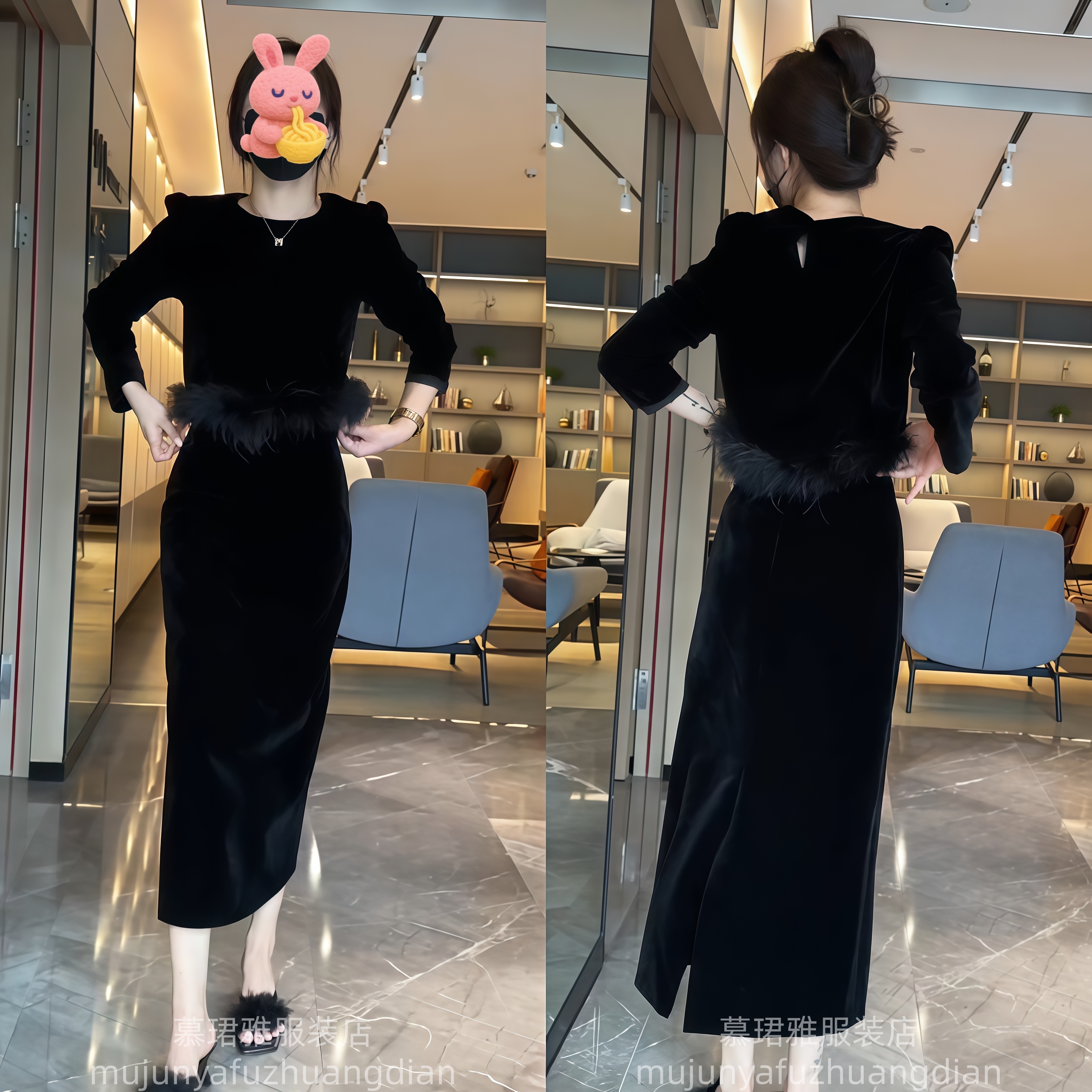 今年秋冬流行时尚套装圆领套头设计感长袖丝绒上衣高腰半身裙女