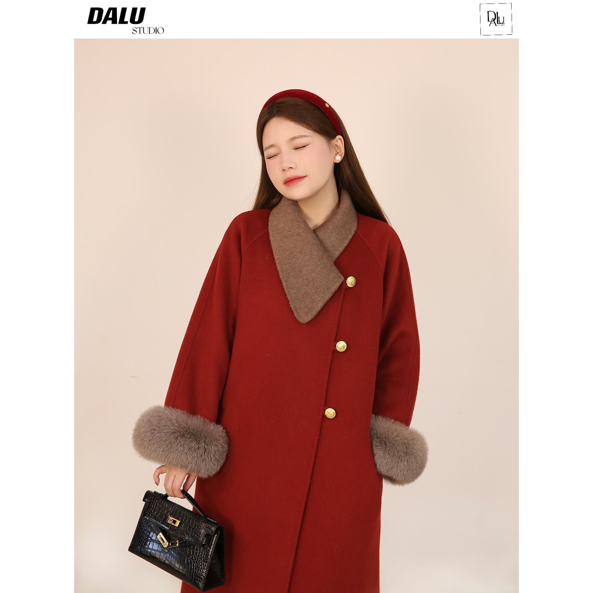 DALU 澳毛长款毛呢外套女圣诞节手工双面呢呢子大衣冬