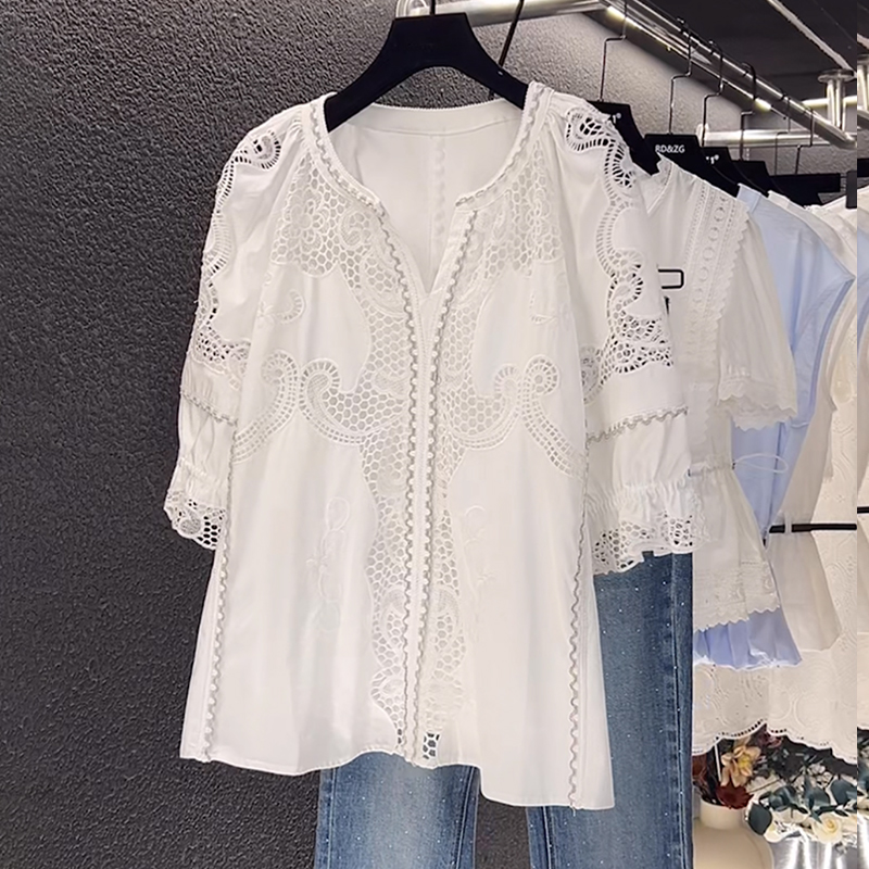 白色镂空衬衫女夏季2025轻奢高级感洋气减龄宽松显瘦气质短袖上衣