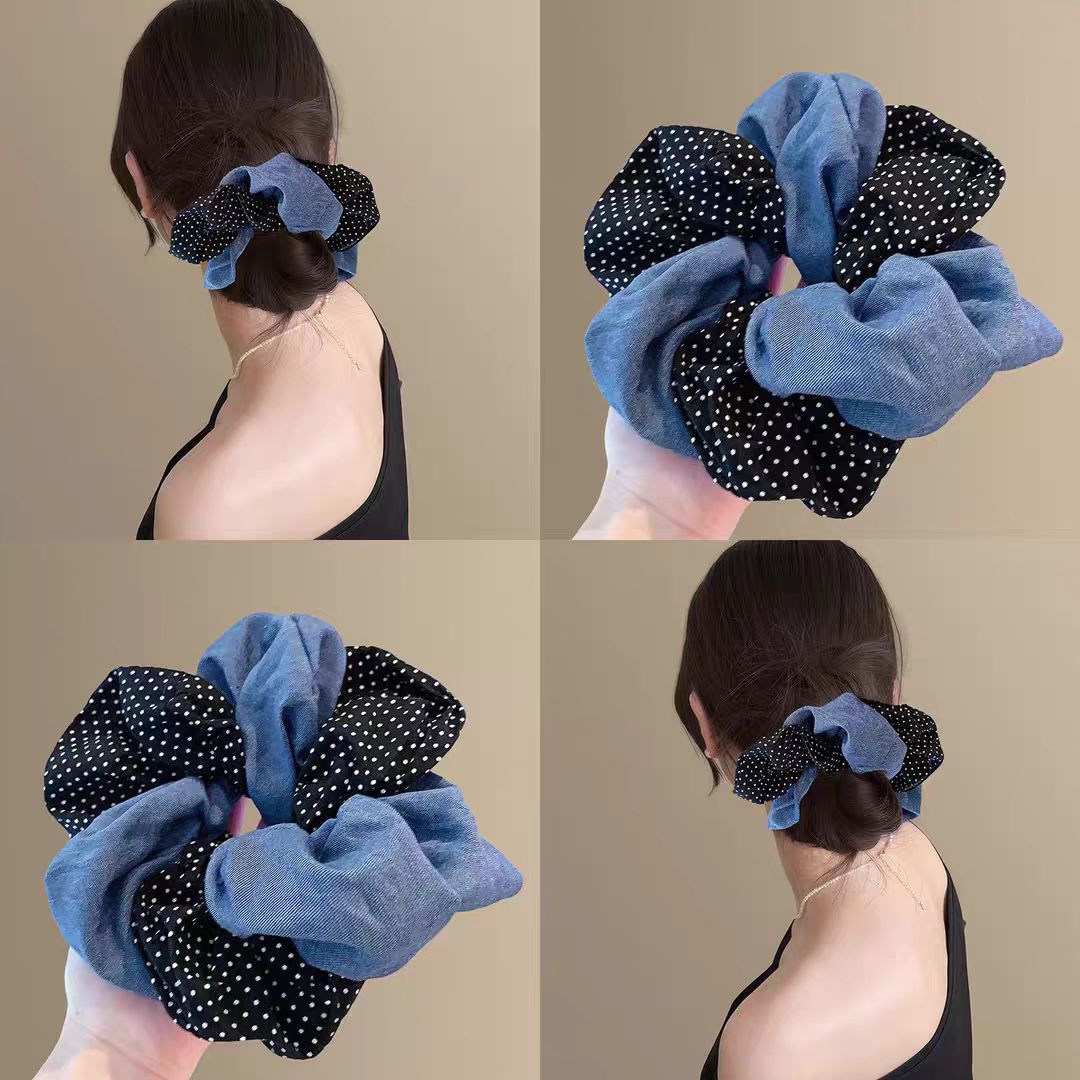 森系复古布艺波点拼色大肠发圈双层高级感丸子头发绳韩国少女头绳