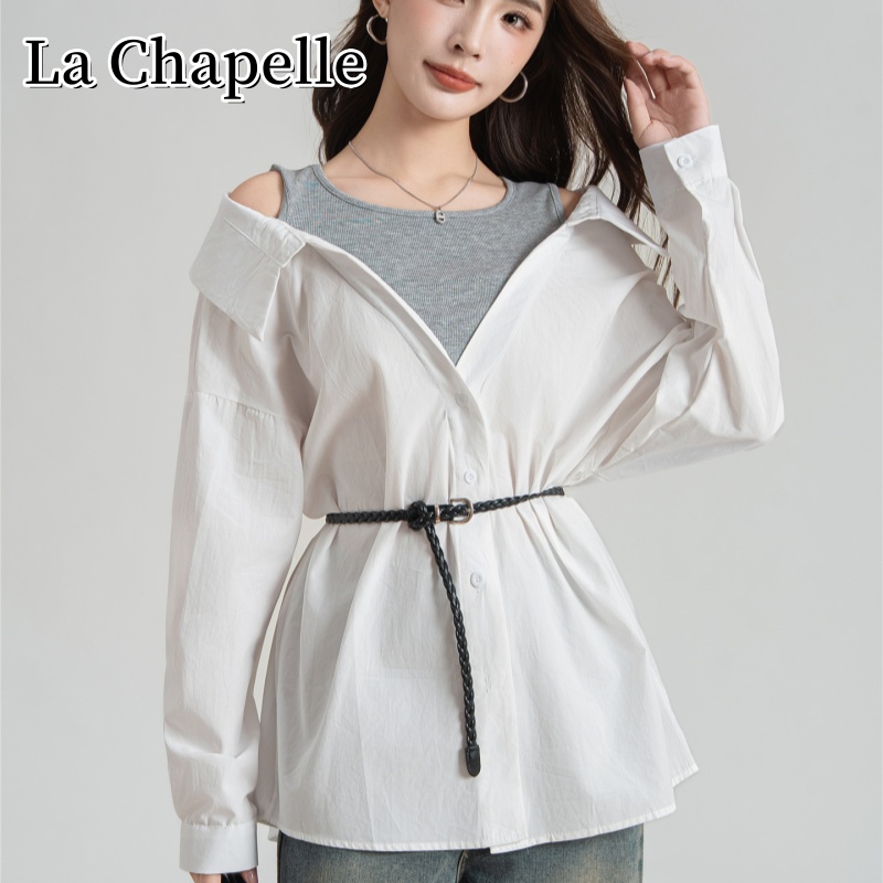 拉夏贝尔秋季法式露肩假两件长袖衬衫女百搭撞色拼接宽松休闲上衣