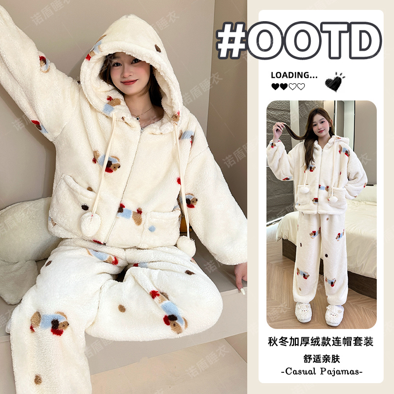 睡衣女2025新款秋冬保暖加绒加厚宽松卡通ins风珊瑚绒家居服套装