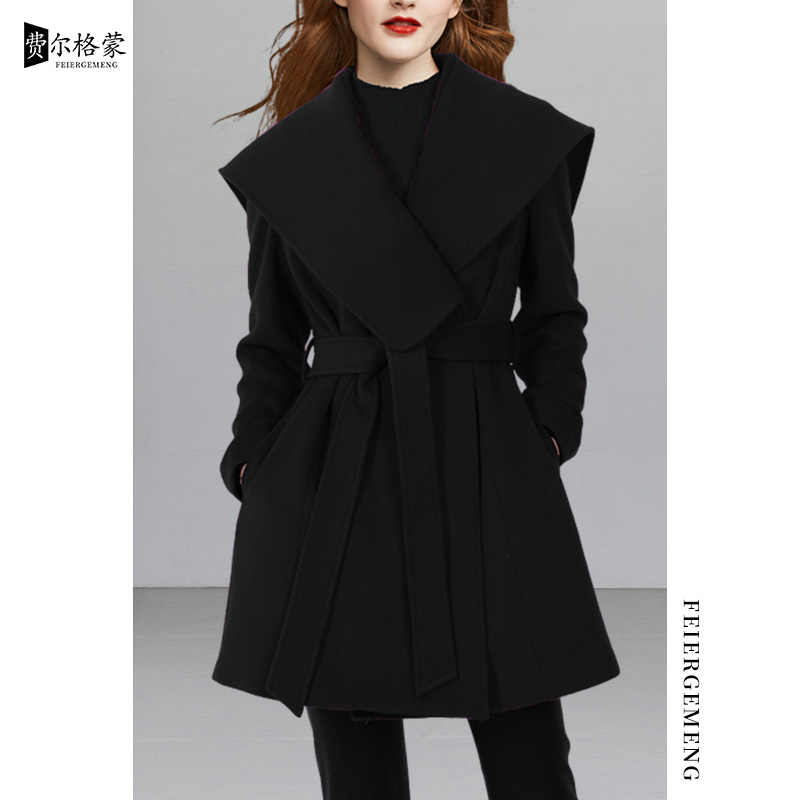 减龄大翻领黑色毛呢外套2025秋冬新品羊毛呢子大衣名牌上档次风衣