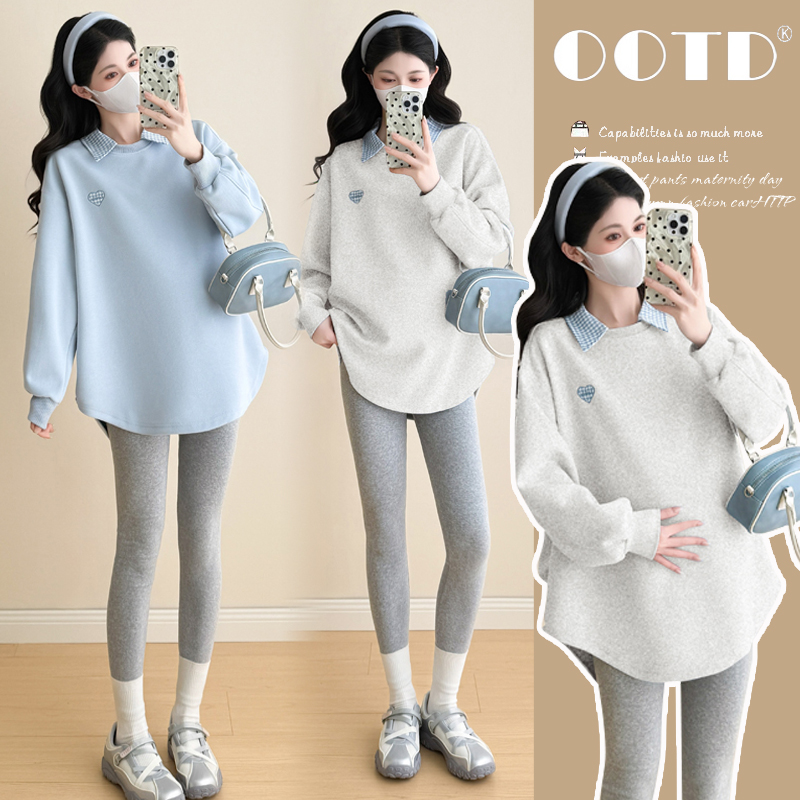 孕妇装秋冬季卫衣中长款刺绣拼接领长袖2025新款孕妇上衣