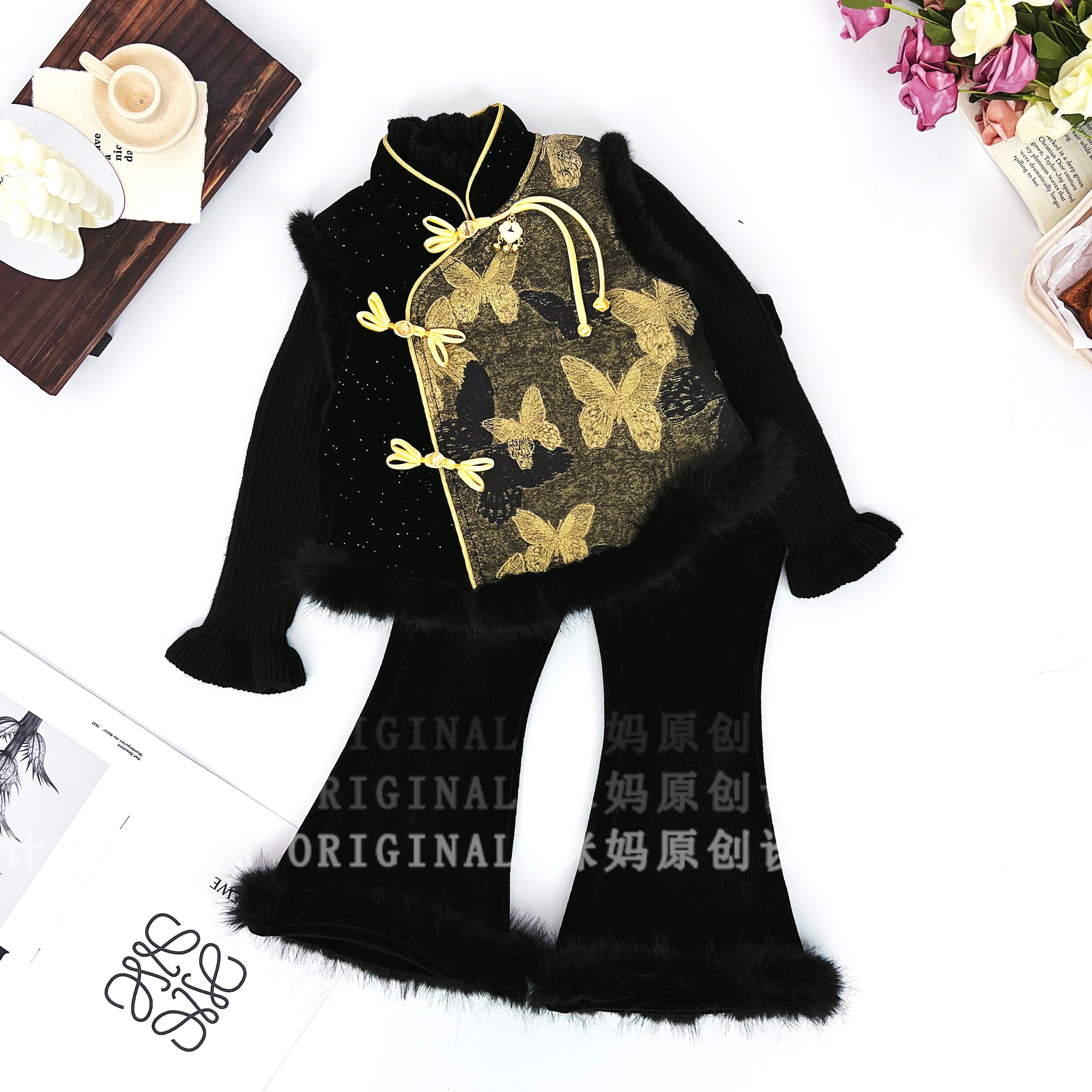 【金蝶辞】女童黑色系蝴蝶新中式年服冬季时髦套装5Q735HEI