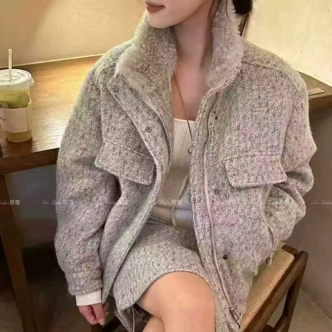 冬季韩系立领小香风羽绒毛呢外套半身裙套装女高级感穿搭