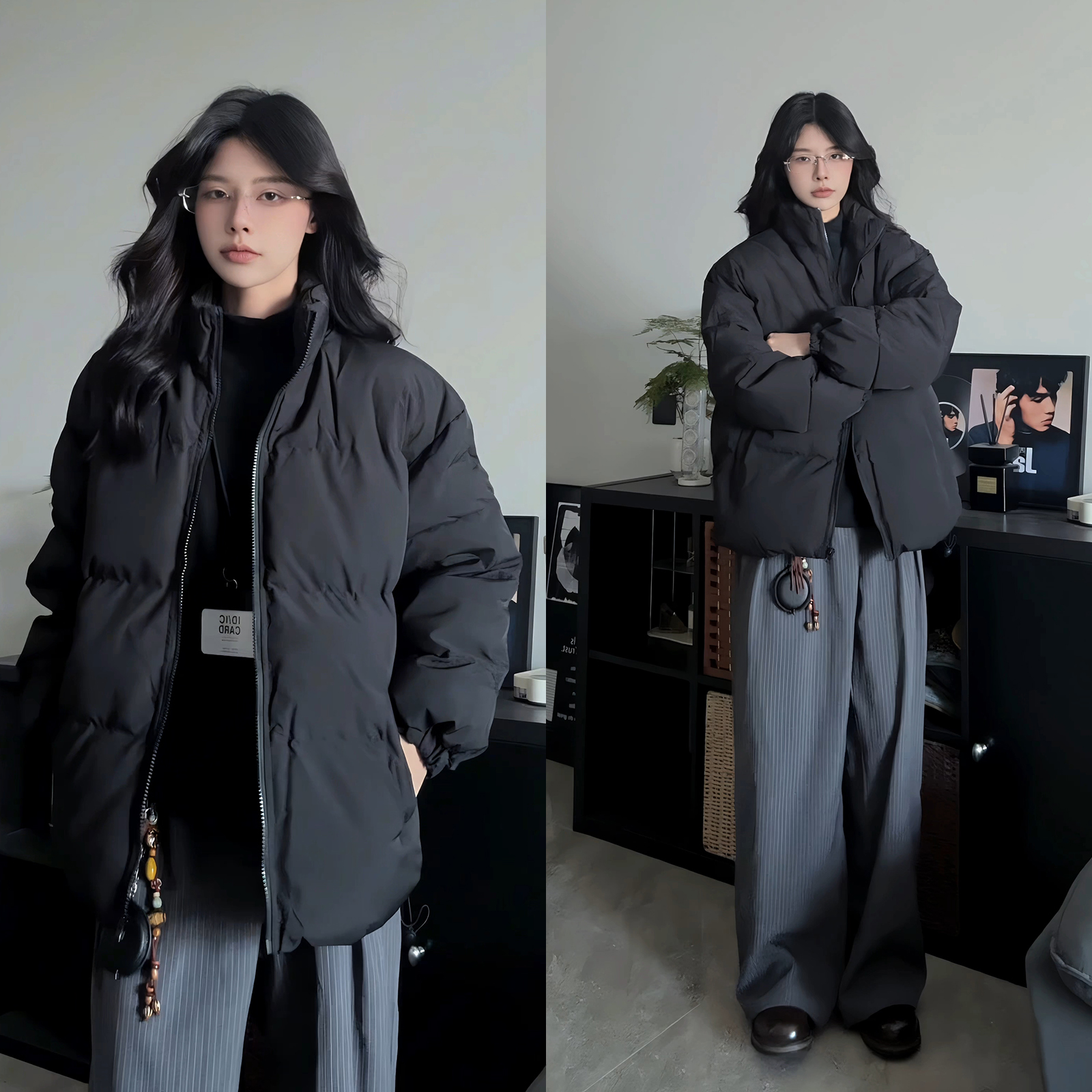 黑色立领棉服男冬季加厚保暖情侣棉衣外套美式复古夹克面包服袄子