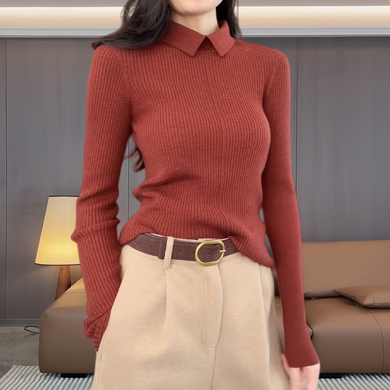 法式百搭简约设计坑条纹polo领针织衫女秋冬软糯舒适遮肉显瘦上衣