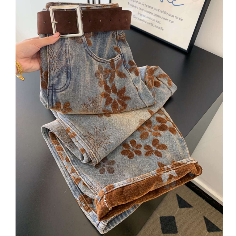 复古氛围感植绒印花阔腿裤女冬季2025年新款显瘦显高显腿长牛仔裤