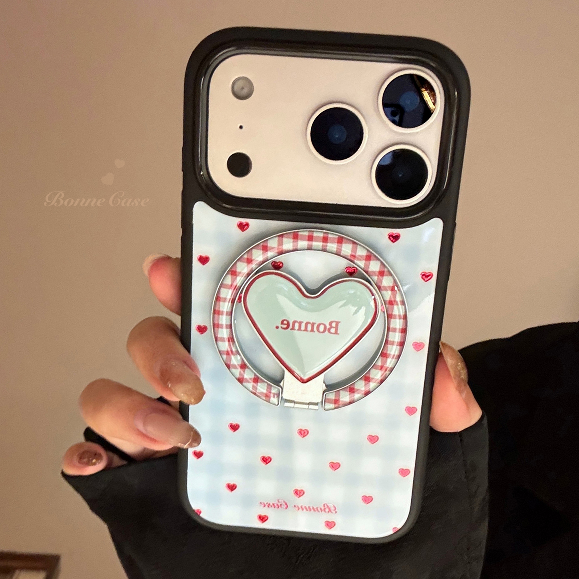 鎏金蓝格纹爱心磁吸支架苹果17promax手机壳iphone16/12适用15/14