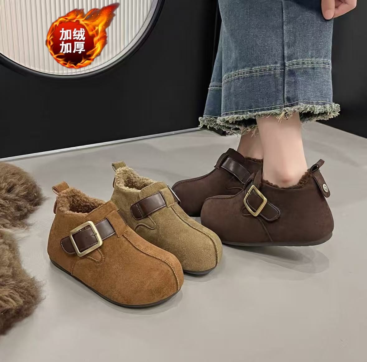 5CM增高加绒勃肯鞋女2025冬季新款百搭毛毛鞋厚底棉鞋保暖雪地靴